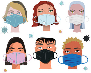 Multinational group wearing face mask with note COVID-19