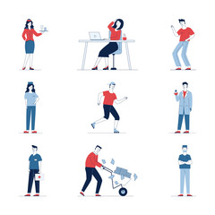 Fototapeta na wymiar Large set of diverse cartoon people. Flat vector illustrations of man and woman standing, waving, sitting. Everyday activity and lifestyle concept for banner, website design or landing web page