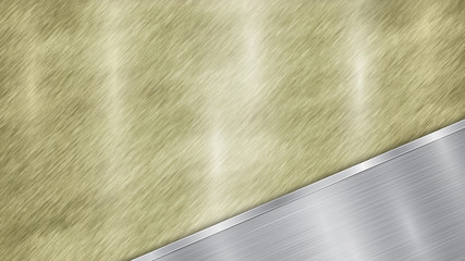 Background consisting of a golden shiny metallic surface and one polished silver plate located in corner, with a metal texture, glares and burnished edge
