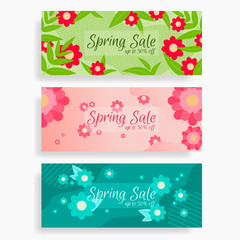 Set of spring promo banners with discount up to 50% green blue and pink with flowers and leaves isolated on a white background