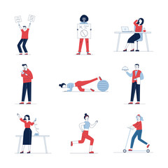 Large set of various cartoon people. Flat vector illustrations of man, woman exercising, running, and smoking. Activity and lifestyle concept for banner, website design or landing web page