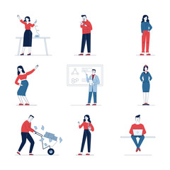 Fototapeta na wymiar Large collection of different cartoon people. Flat vector illustrations of man and woman smoking with cough, standing. Activity and lifestyle concept for banner, website design or landing web page