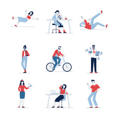 Fototapeta na wymiar Trendy set of different cartoon people. Flat vector illustrations of man and woman holding, stumbling and cycling. Activity and lifestyle concept for banner, website design or landing web page