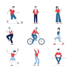 Fototapeta na wymiar Stylish collection of diverse cartoon people. Flat vector illustrations of man and woman cycling, playing, standing. Activity and lifestyle concept for banner, website design or landing web page