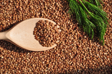buckwheat on a plate and spoon isolated background