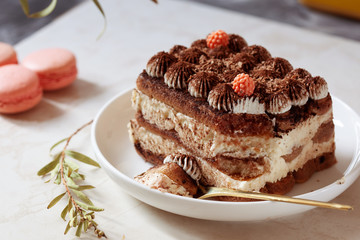 Tiramisu dessert on white plate, close up
