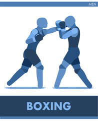 Fototapeta na wymiar Boxing vector icons. Male match on ring. Pictogram men sport training. Logo. Fight boys. Symbolic image is one of a series. Boxing man. Isolated on white background. Sports label, symbol. 