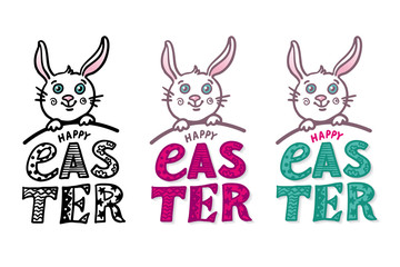 Obraz na płótnie Canvas Lettering set Happy Easter hand drawn on white background. Funny bunny sit on the quote. Great festive print for t-shirts, a wonderful phrase for a postcard, a poster or a logo. A