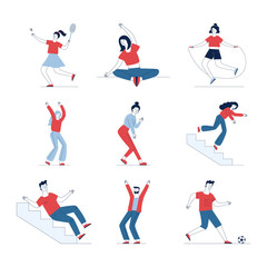 Fototapeta na wymiar Collection of different cartoon people. Flat vector illustrations of man and woman stumbling, playing, standing. Everyday activity and lifestyle concept for banner, website design or landing web page
