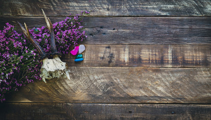 Tarot cards and esoteric decoration on a wooden background. Copy space. Esoteric concept and...