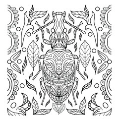 insect and leaves hand-drawn with ornaments and circles on a white background, for coloring, coloring book, insects, nature.