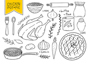 Kitchen utensils vector elements. Chiken pot pie. Baking cooking recipe. Kitchen stuff and ingredients for menu design.