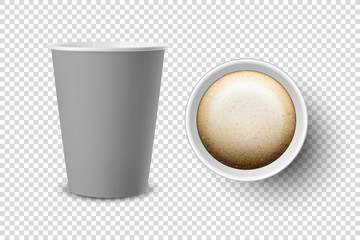 Vector 3d Realistic Gray Disposable Opened Paper, Plastic Coffee Cup for Drinks Icon Set Closeup Isolated on Transparent Background. Design Template, Mockup. Top and Front View