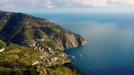 Village of Manarola in aerial view, Cinque Terre coast of Italy. Manarola is a small town in the province of La Spezia, in Liguria, in northern Italy