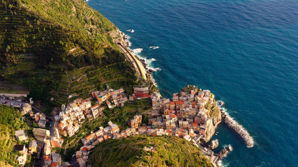 Naklejka premium Village of Manarola in aerial view, Cinque Terre coast of Italy. Manarola is a small town in the province of La Spezia, in Liguria, in northern Italy and one of the Cinque Terre attractions for touris