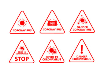 Obraz premium Set of vector illustration. Sign caution coronavirus. Coronavirus outbreak. Coronavirus danger and public health risk disease and flu outbreak. Pandemic medical concept with dangerous cells