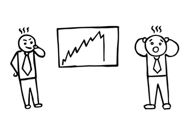 Two business stick figures with different reaction on stock falling. Illustration in a grunge style.