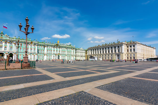 Winter Palace (Hermitage museum) and Alexander column on Palace square, Saint Petersburg, Russia