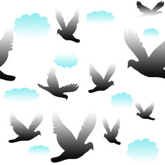 Gray doves fly in the blue sky, seamless pattern, background