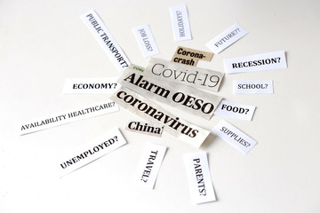 Corona newspaper headlines and related subjects resembling the shape of the virus 