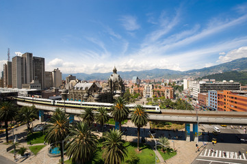 Medellin, Antioquia, Colombia. November 18, 2009: View of metro of Medellin from center of the city - obrazy, fototapety, plakaty