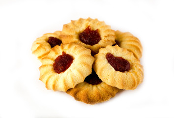 Sandwich cookies with strawberry cream isolated on white background