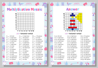 Multiplication Mosaic Math Puzzle Worksheet. Educational Game. Coloring Book Page Mathematical Game. Pixel Art.