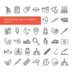 A set of vector icons in a linear style on the theme of health and medicine.