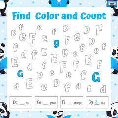Find, Color and Count Alphabet Letters Math Game. Addition, Number Tracing Educational Worksheet. Coloring Book Page. Writing Skills Exercise.