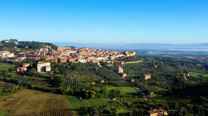 Fototapeta premium Aerial view of a magnificent landscape of the Italian village Chianciano, authentic village of Terme, Tuscany Italy 