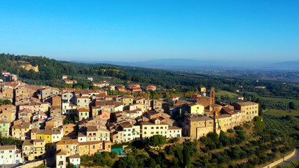 Fototapeta na wymiar Aerial view of a magnificent landscape of the Italian village Chianciano, authentic village of Terme, Tuscany Italy 