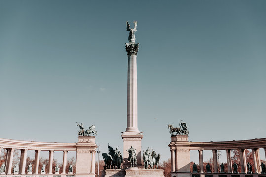 View of Heroes square (Hosok Tere) in Budapest, Hungary
