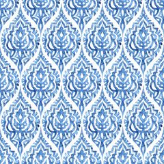 Blue and white damask seamless pattern. Elegant watercolor print for textiles. Handwork with a brush on paper. Grunge texture, blots, stains of water.