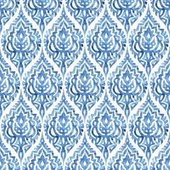 Foto op Canvas Blue and white damask seamless pattern. Elegant watercolor print for textiles. Handwork with a brush on paper. Grunge texture, blots, stains of water. © flovie