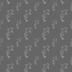 Koi fish seamless pattern. Hand drawing sketch. White outline on grey background. Vector illustration can be used in greeting cards, posters, flyers, banners, logo, further design etc. EPS10