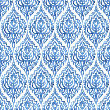 Blue and white damask seamless pattern. Elegant watercolor print for textiles. Handwork with a brush on paper. Grunge texture, blots, stains of water.