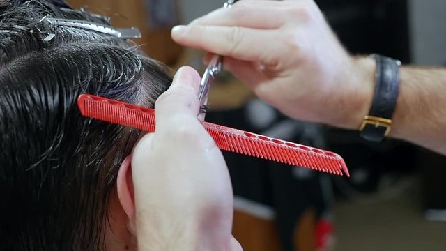 Man hairdressing with scissors cuts the Hair.