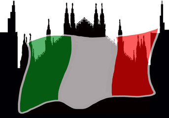 silhouette duomo di milano con bandiera italiana 