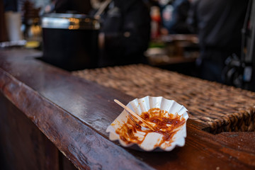 used aluminum hot dog ware, leftovers after the meal