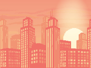 Vector illustration of pixel art city. Pixel art  retro futuristic background for game. 8 bit. Pixel sunset city.