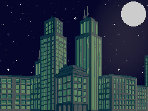 Vector illustration of pixel art city. Pixel art  retro futuristic background for game. 8 bit. Pixel sunset city.