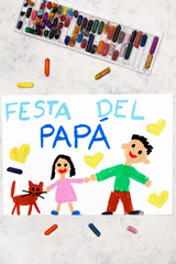 Photo of colorful drawing: Italian lanquage, Father's day card. Happy father and his daughter.