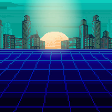 Vector Pixel Art Of 80s Retro Sci-Fi Background. Pixel Art Background. 8bit
