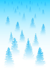 Obraz premium Vector illustration. Flat winter landscape. Simple snowy background. Snowdrifts. Snowfall. Clear blue sky. Blizzard. Snowy weather. Winter season. Smoky wood. Forest Glade. Dense forest of fir trees