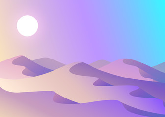 Cartoon desert landscape with hills and mountains silhouettes, vector nature horizontal background