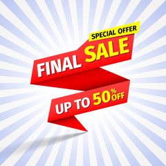 Special offer final sale banner, up to 50% off. Vector illustration.