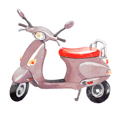 Watercolor hand painted retro hipster scooter illustration isolated on white background