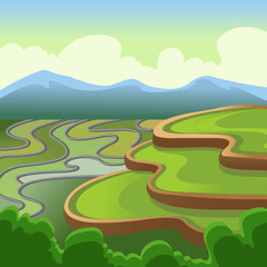 Cartoon Color Landscape Scene Chinese Rice Fields Concept. Vector