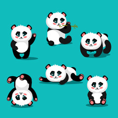 Cartoon Color Cute Panda Icon Set. Vector