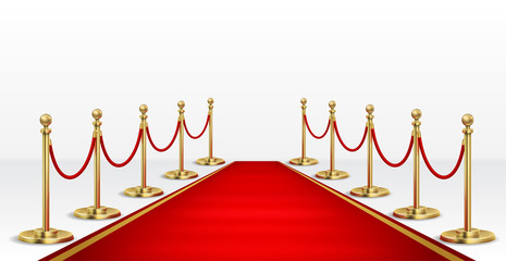 Realistic Detailed 3d Red Event Carpet and Barrier Rope. Vector